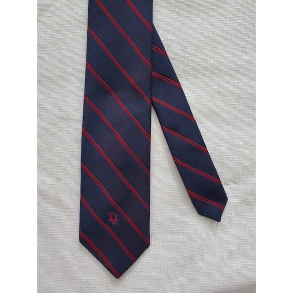 Vintage Christian Dior Men's Navy Blue and Red Striped Dior Tie - Picture 4 of 7